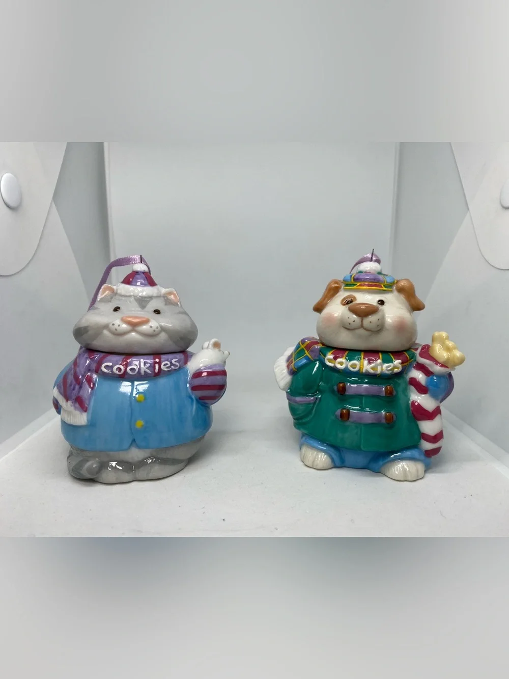Hallmark 1996 Clyde Dog & Carmen Cat Cookie Jar Ornaments Vintage Set of 2 USED